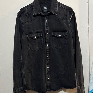Zara Men's Distressed Black Shirt Jacket